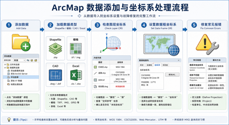 ArcMap导入地图数据与ArcMap坐标系设置流程图