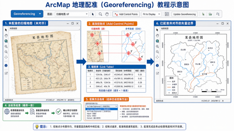 ArcMap地图数据跑偏与地理配准校正控制点示意图