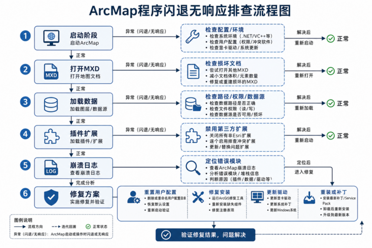 ArcMap程序闪退无响应排查与ArcMap崩溃日志分析流程图