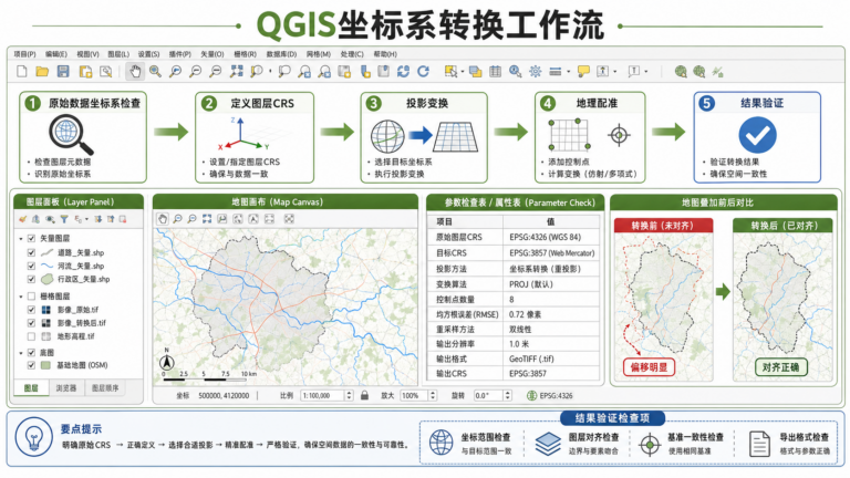 QGIS坐标系转换和QGIS投影变换参数检查流程图