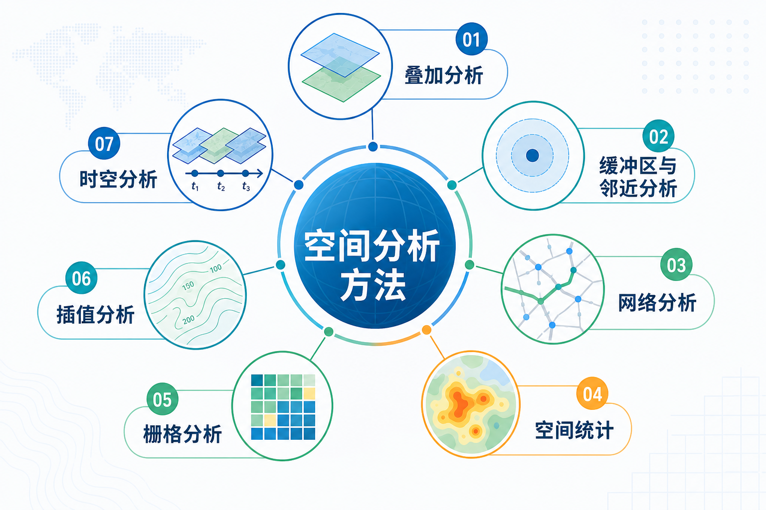 空间分析方法分类与主流算法应用场景对比图