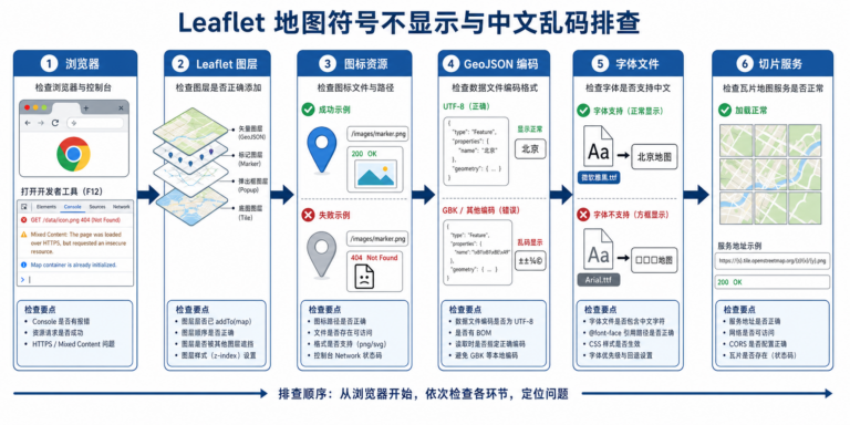 Leaflet地图符号不显示与Leaflet中文乱码排查流程图