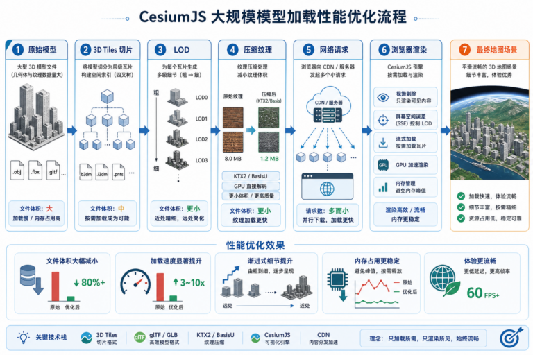 CesiumJS海量模型加载卡顿与3D Tiles性能优化流程示意图