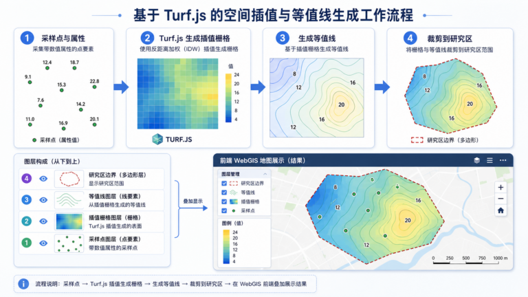 Turf.js多边形生成等距线与Turf.js空间插值流程示意图
