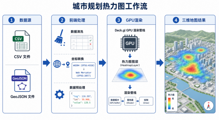 三维地理数据可视化太卡 Deck.gl GPU加速城市规划热力图流程图