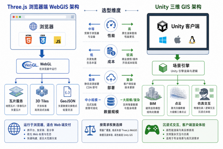 Three.js和Unity开发GIS项目选型对比 WebGIS三维GIS性能成本决策表