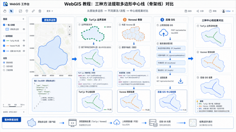 Turf.js多边形生成中线与Turf.js多边形中心线方法对比示意图