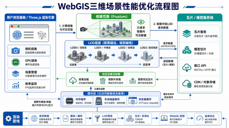 Three.js网页版GIS场景加载缓慢 LOD与动态加载优化流程图