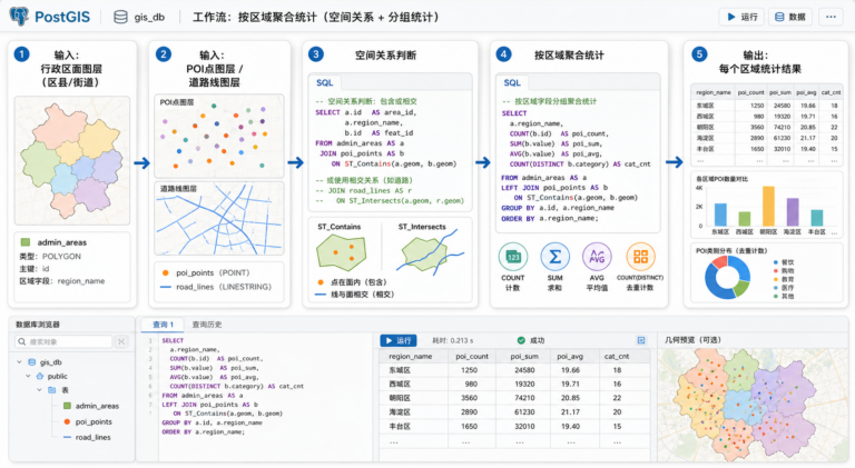 PostGIS空间汇总函数区域数据聚合与ST_Intersects统计流程