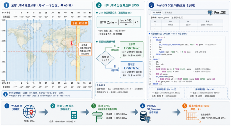 PostGIS匹配WGS84坐标系与UTM编号划分查询示意图