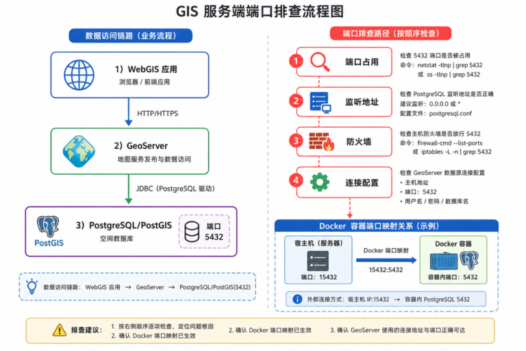 PostgreSQL端口冲突无法连接 GIS服务端口配置排查流程图