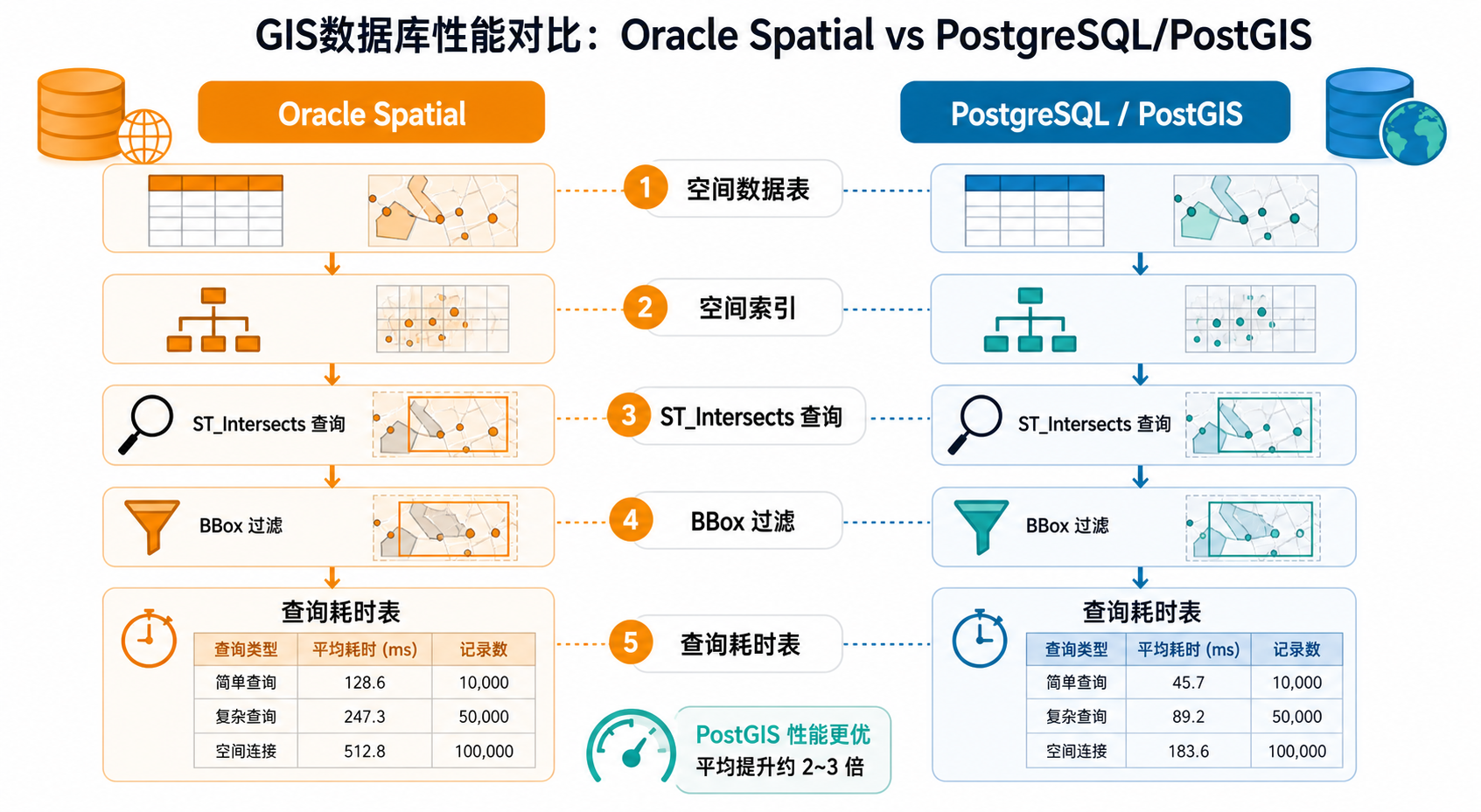 PostgreSQL替代Oracle做GIS后端 PostGIS空间索引性能对比流程图