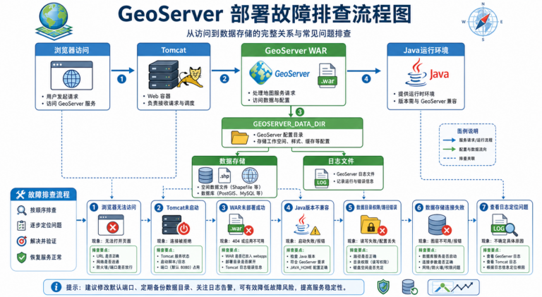 GeoServer部署报错与Tomcat集成环境配置排错流程图