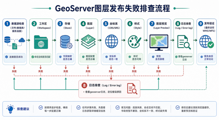 GeoServer图层发布失败排查流程与GeoServer发布PostGIS图层失败检查步骤