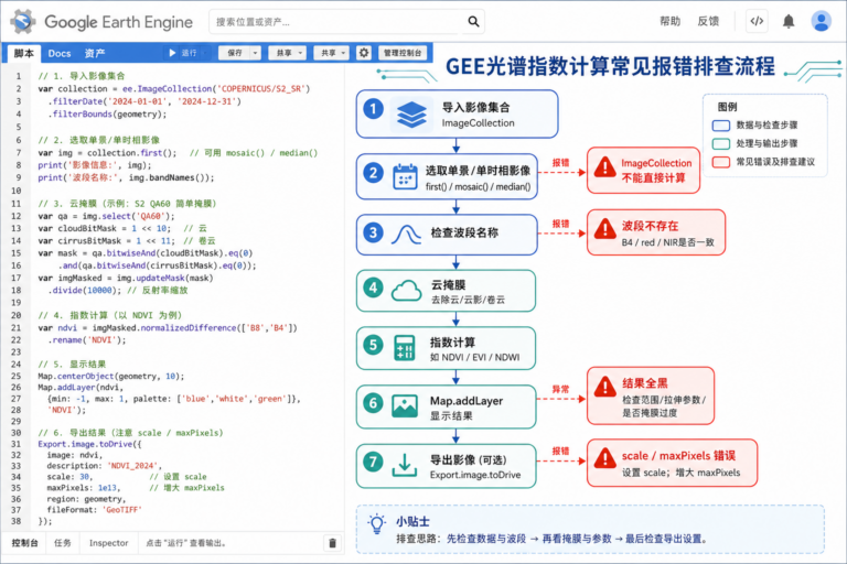 GEE光谱指数计算常见报错与GEE NDVI计算报错排查流程