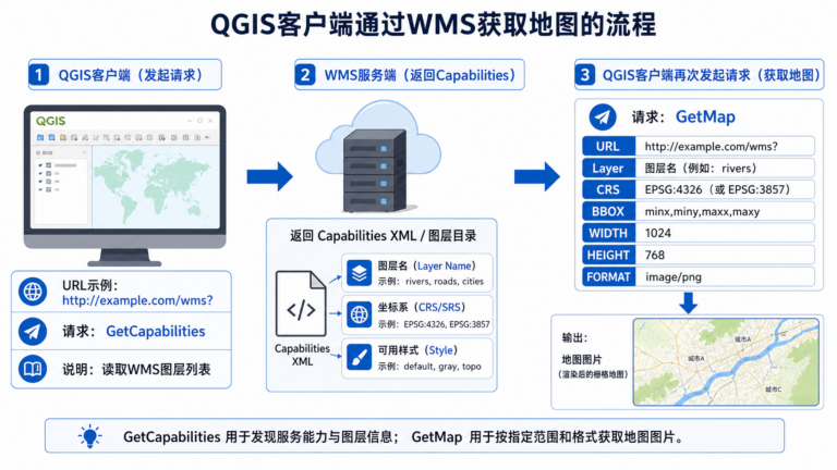 WMS是什么与QGIS调用WMS地图服务接口流程示意图