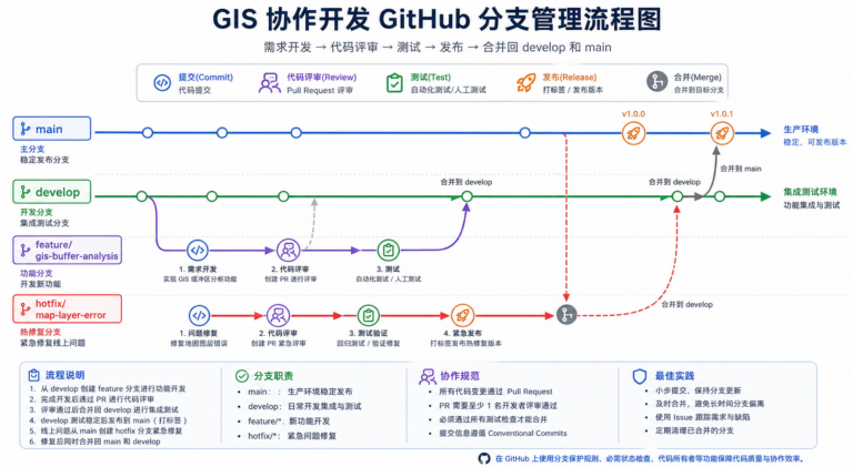 GitHub项目代码一团乱 GIS协作开发分支管理规范示意图
