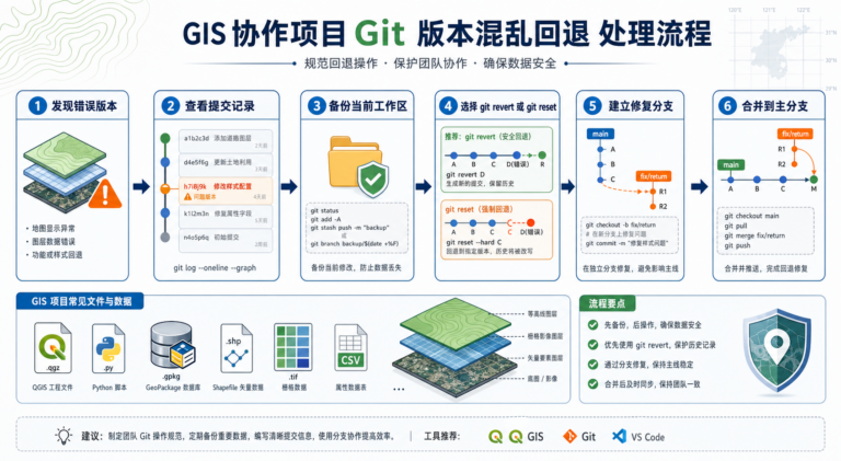 GIS协作项目Git版本混乱回退与GIS项目Git分支管理流程图