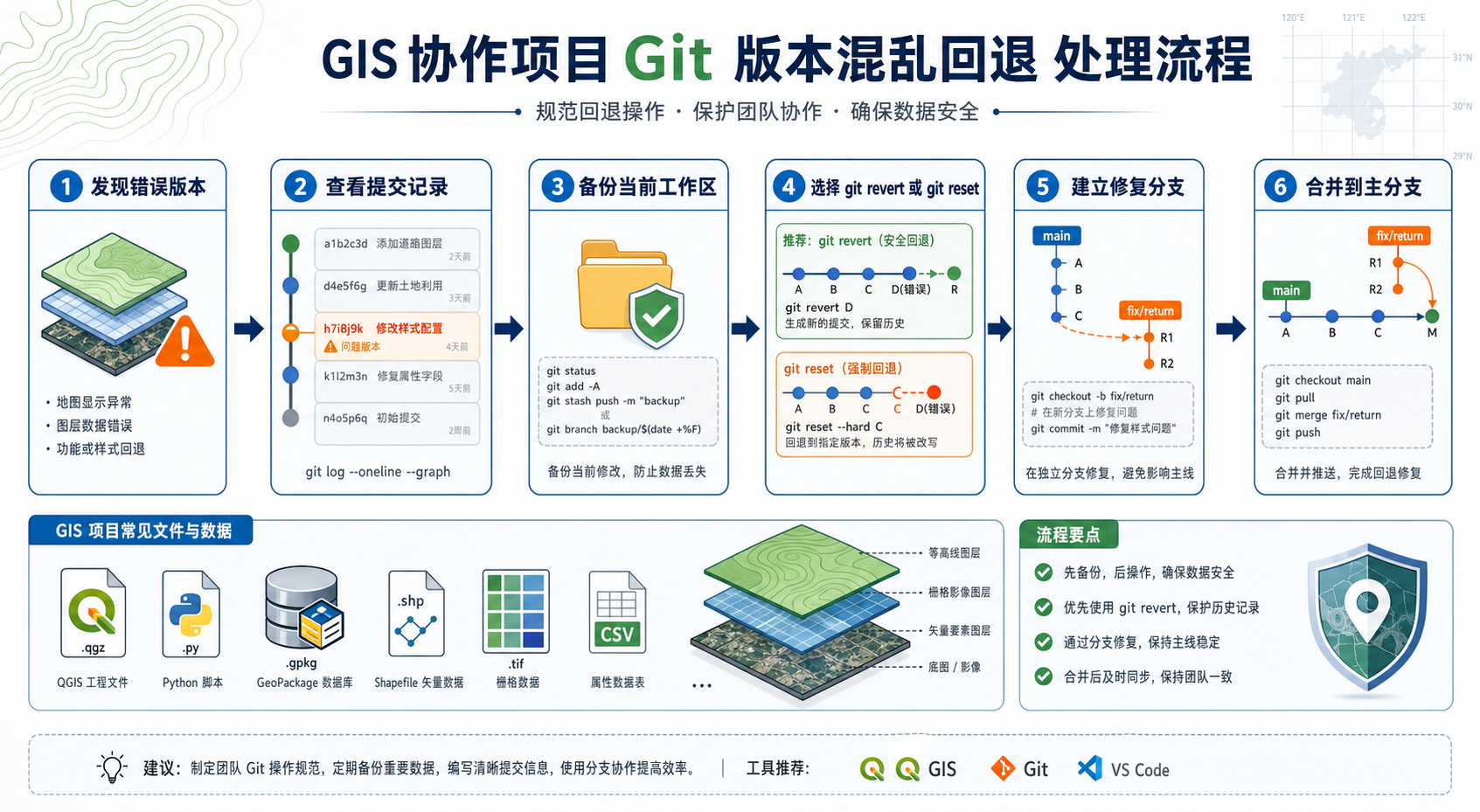 GIS协作项目Git版本混乱回退与GIS项目Git分支管理流程图
