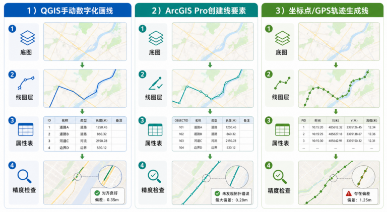 GIS画线教程 QGIS画线 ArcGIS Pro画线 坐标点生成线流程图