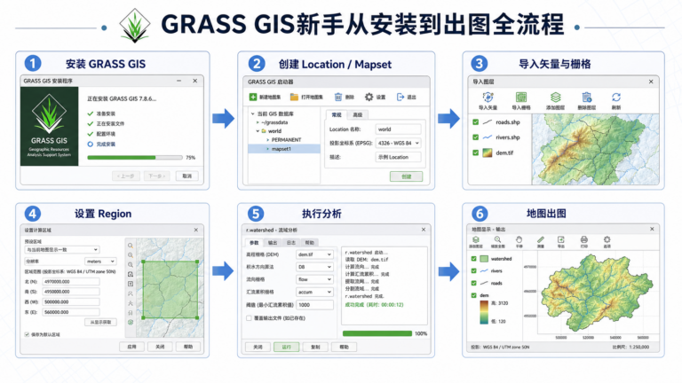 GRASS GIS教程 GRASS GIS安装到出图流程图