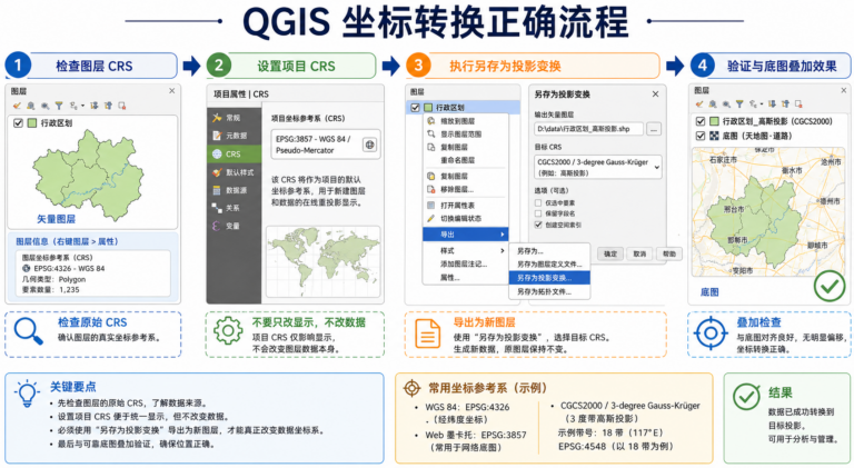 QGIS坐标转换出错与QGIS投影变换流程示意图