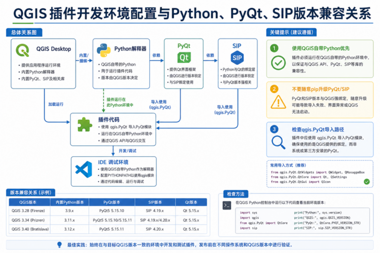 QGIS插件开发环境配置与Python SIP版本兼容性关系图