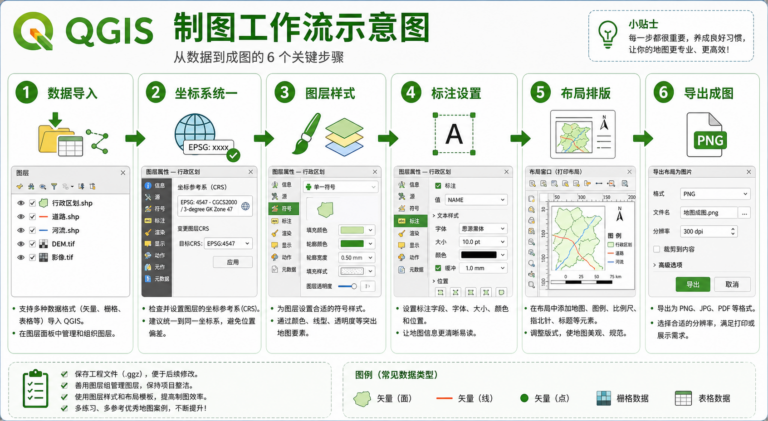 QGIS高效制图流程与QGIS新手制图技巧示意图