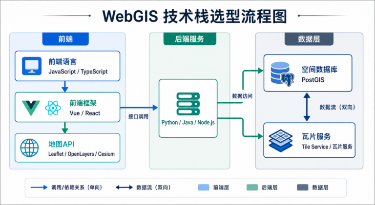 WebGIS开发用什么语言与前端框架选型地图API搭配方案示意图
