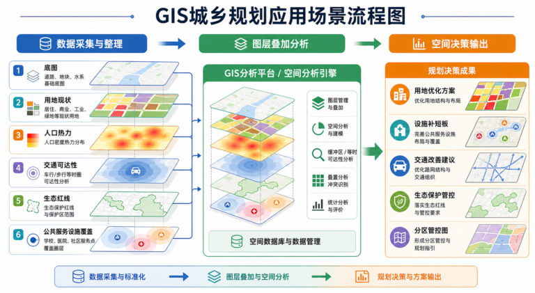 GIS在城乡规划中的应用与城乡规划空间分析场景示意图