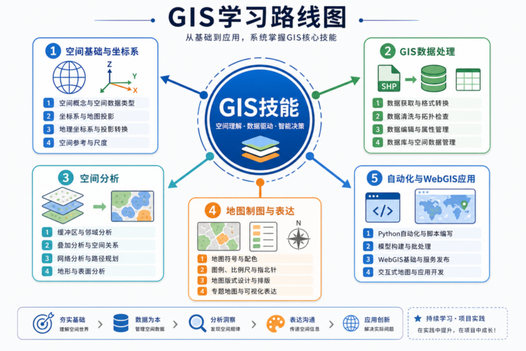 GIS技能与GIS学习路线图的五大核心能力示意图