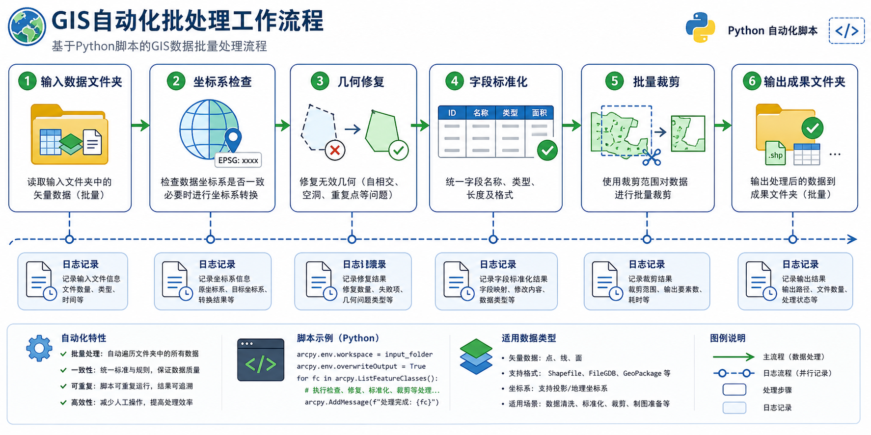 GIS数据处理自动化与批量处理代码工作流示意图