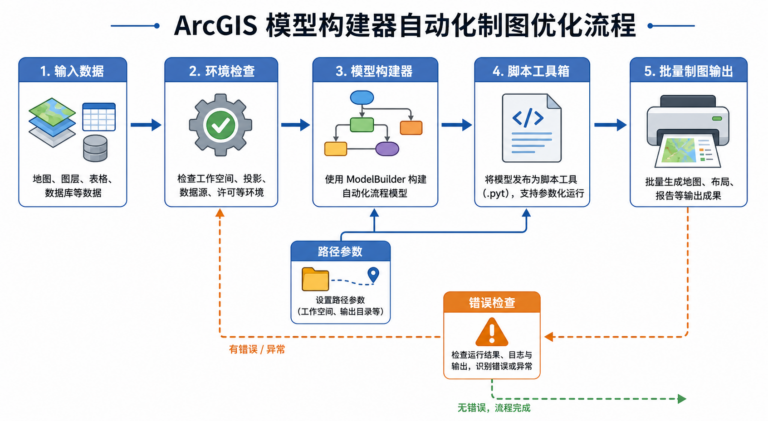 ArcGIS模型构建器总是报错与自动化制图流程优化示意图