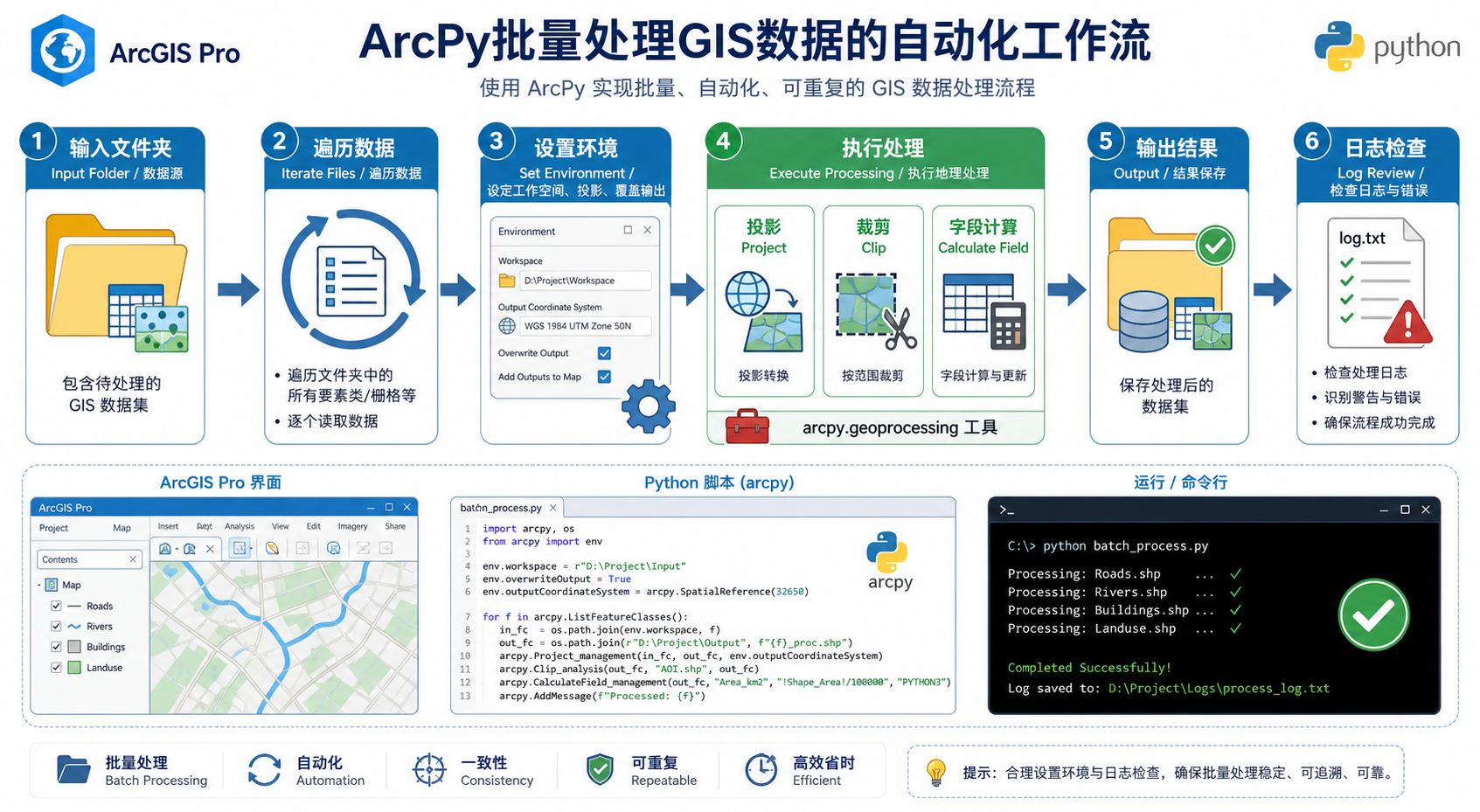 ArcPy自动化脚本批量处理GIS数据太慢工作流示意图