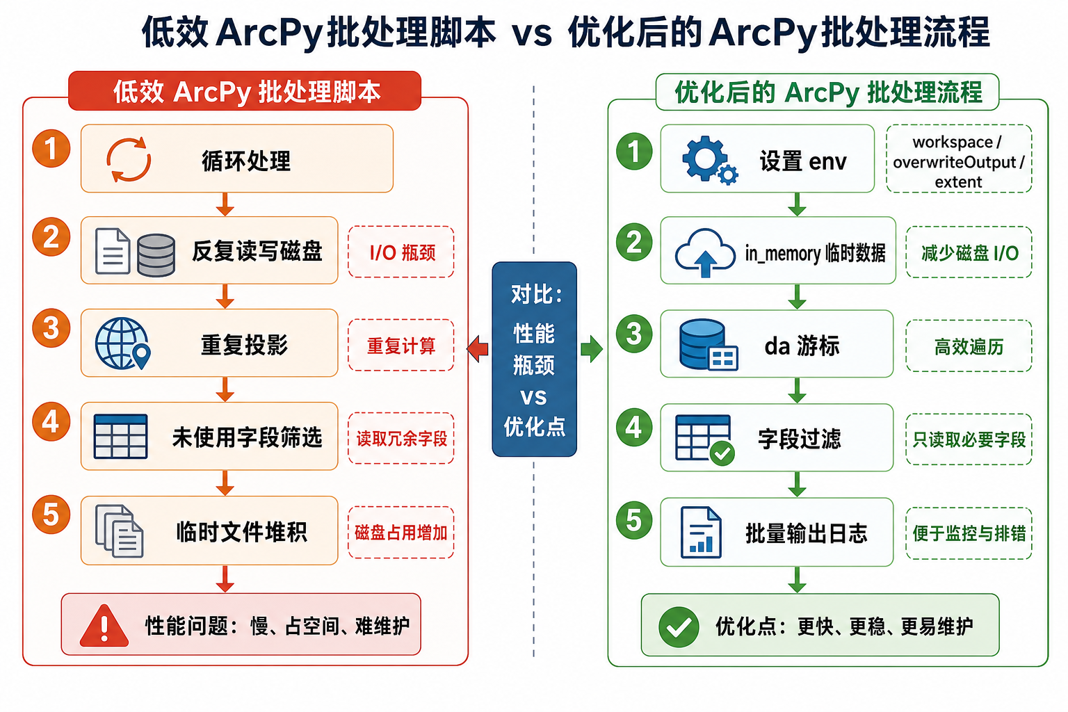 ArcPy批量处理数据卡顿与ArcPy脚本运行效率优化流程图