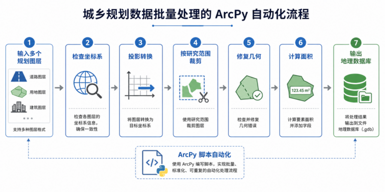 城乡规划数据批量处理 ArcPy脚本自动化流程示意图
