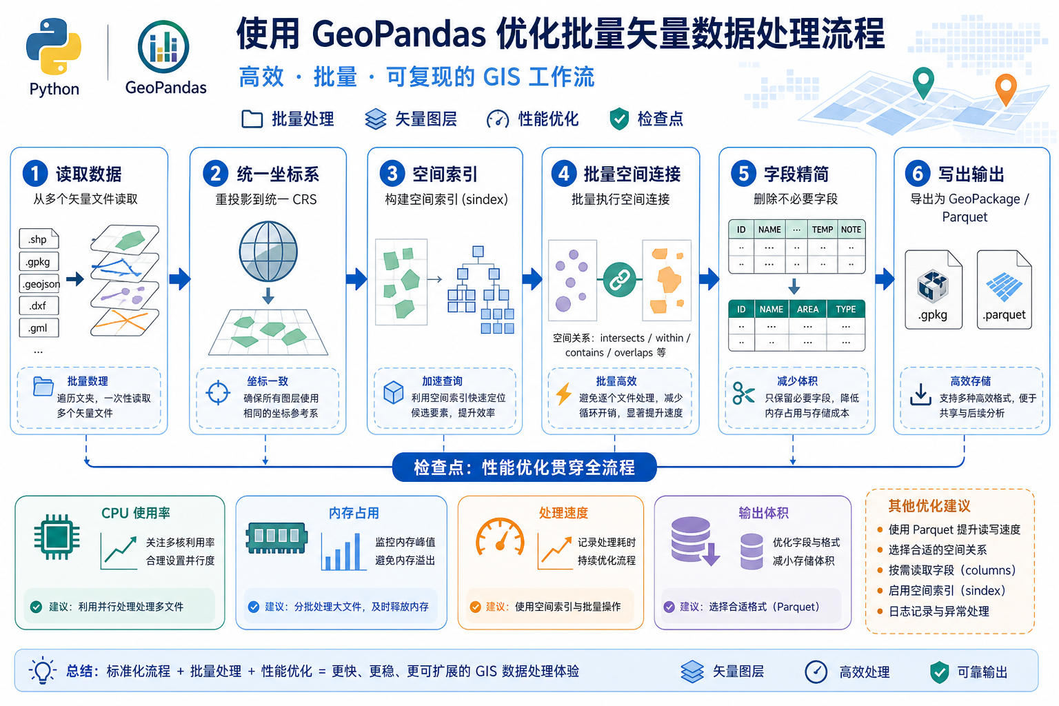 GeoPandas批量处理矢量数据与空间分析效率优化流程图