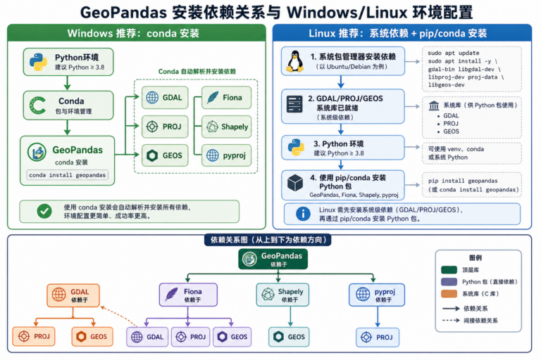 GeoPandas库安装总报错 Windows与Linux环境配置流程图