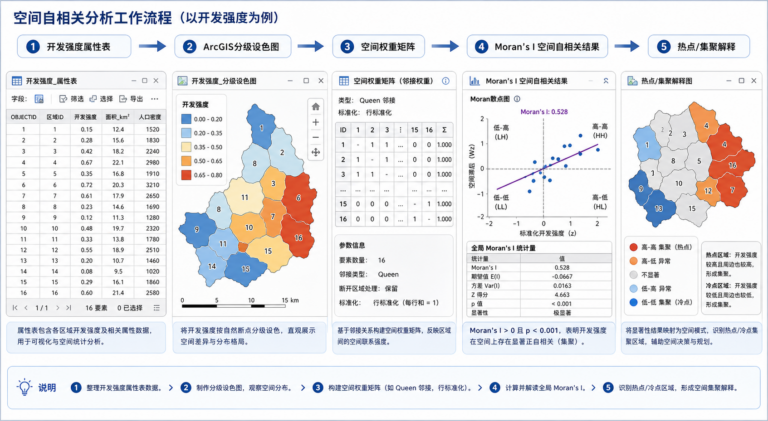 GIS开发强度分析图与ArcGIS空间自相关分析流程示意