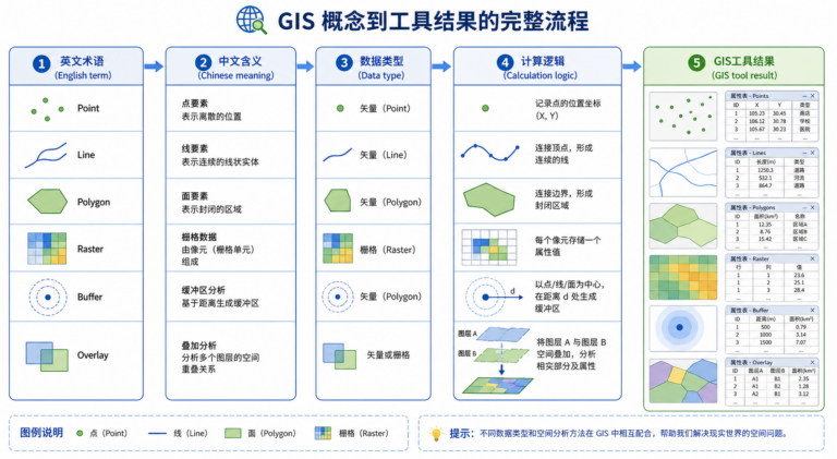 空间分析英文术语与GIS核心指标计算逻辑对照图