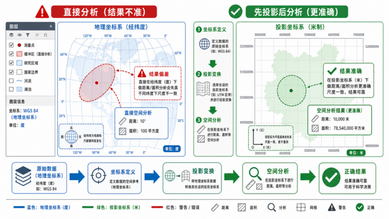 GIS数据坐标转换与投影变换导致空间分析结果不准的流程示意图
