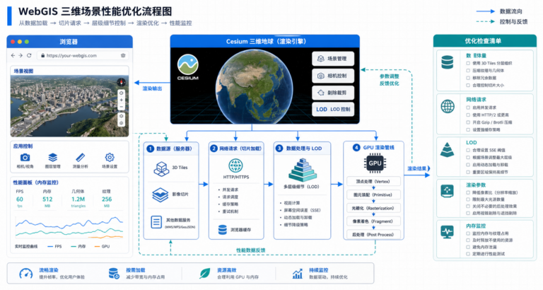 WebGIS开发三维场景加载与Cesium性能优化流程图
