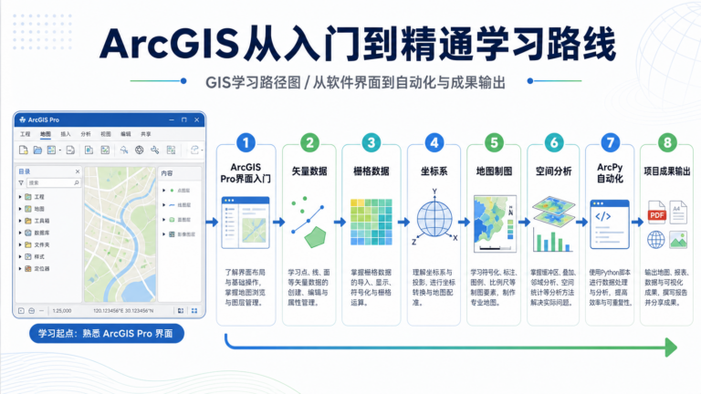 ArcGIS教程完整版与ArcGIS入门到精通学习路线示意图