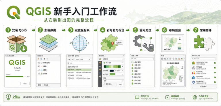 QGIS教程新手入门与QGIS安装到出图流程示意图