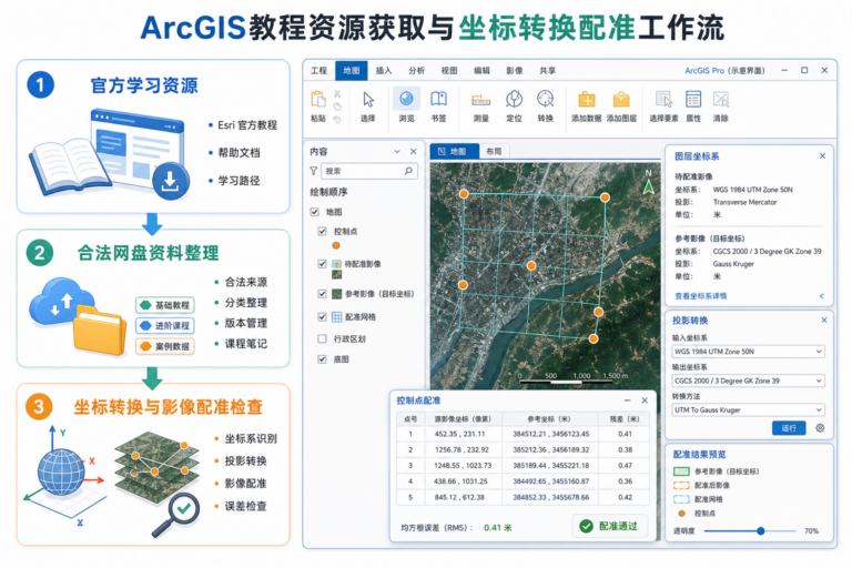 ArcGIS教程资源与ArcGIS坐标转换配准技巧学习流程图