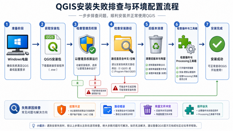 QGIS安装失败与QGIS环境配置流程图