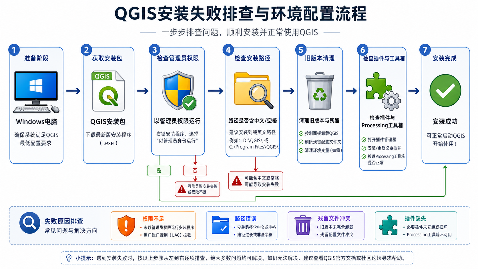 QGIS安装失败与QGIS环境配置流程图