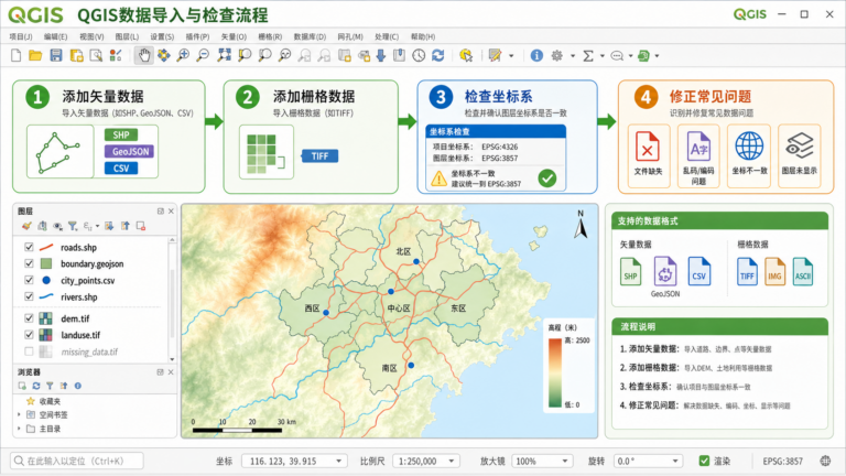 QGIS怎么添加数据与QGIS导入矢量数据流程示意图