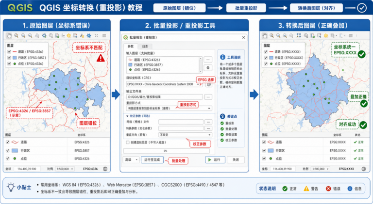 QGIS坐标转换 批量投影与校正参数表教程示意图