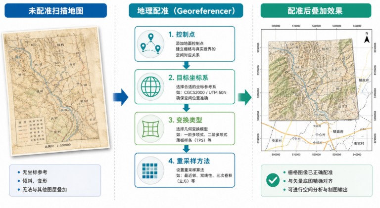 QGIS坐标转换失败与QGIS地理配准参数设置流程图